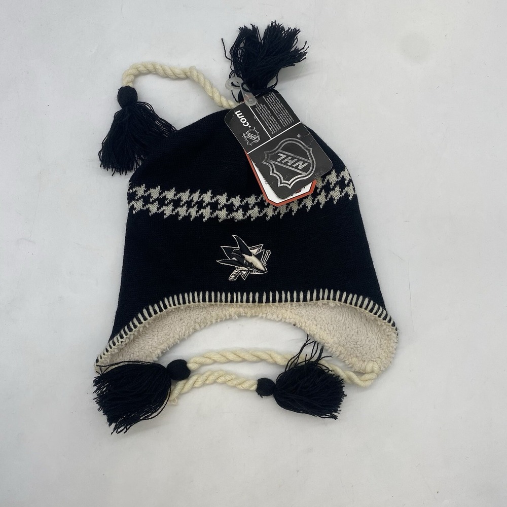 San Jose Sharks Knit Beanie Hat Earflaps & Braids Zephyr Black One Size OSFA